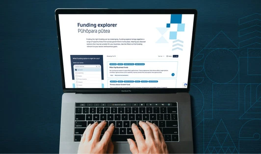 Open laptop with hands on keyboard, looking at funding explorer tool page