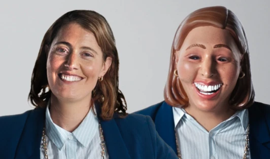 A presenter for the cyber security training video smiles next to a mask of her face.