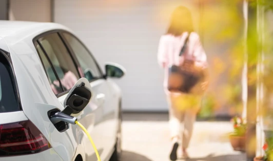 An electric car is plugged in to charge, while a woman walks away from it.